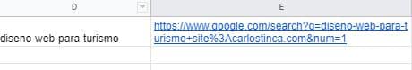 El resultado de la función Concatenar de Google Sheets para obtener la URL de Google
